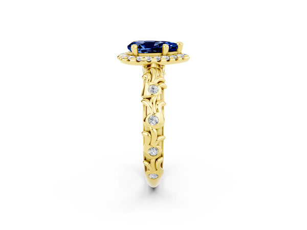 Yellow gold Pear Cut Blue Sapphire Halo Ring with Filigree Band and Prong Setting
