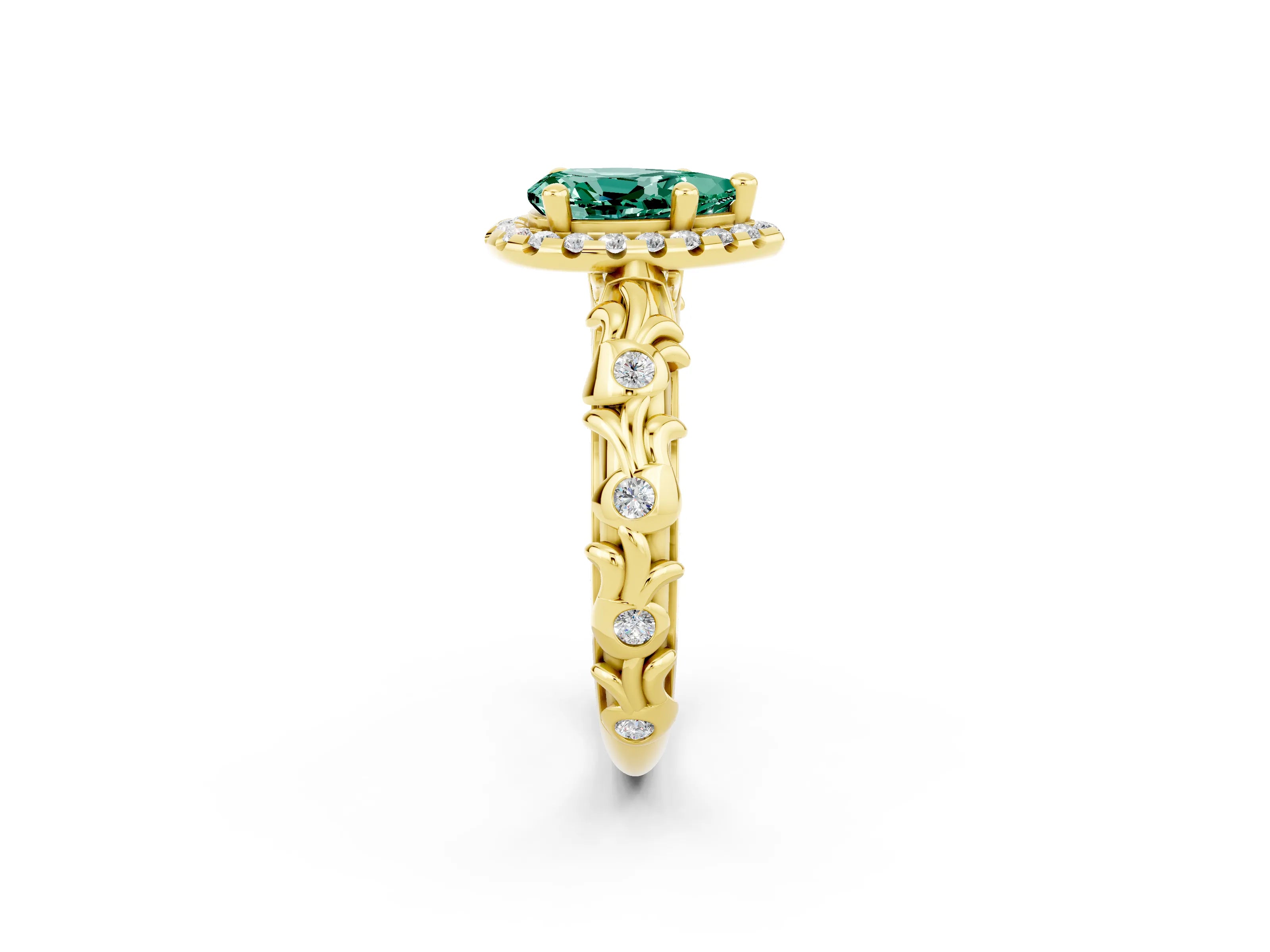 Yellow gold Pear Cut Halo Diamond Solitaire with Filigree Band and Four-Prong Setting_2