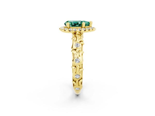 Yellow gold Pear Cut Green Sapphire Halo Ring with Filigree Band and Prong Setting