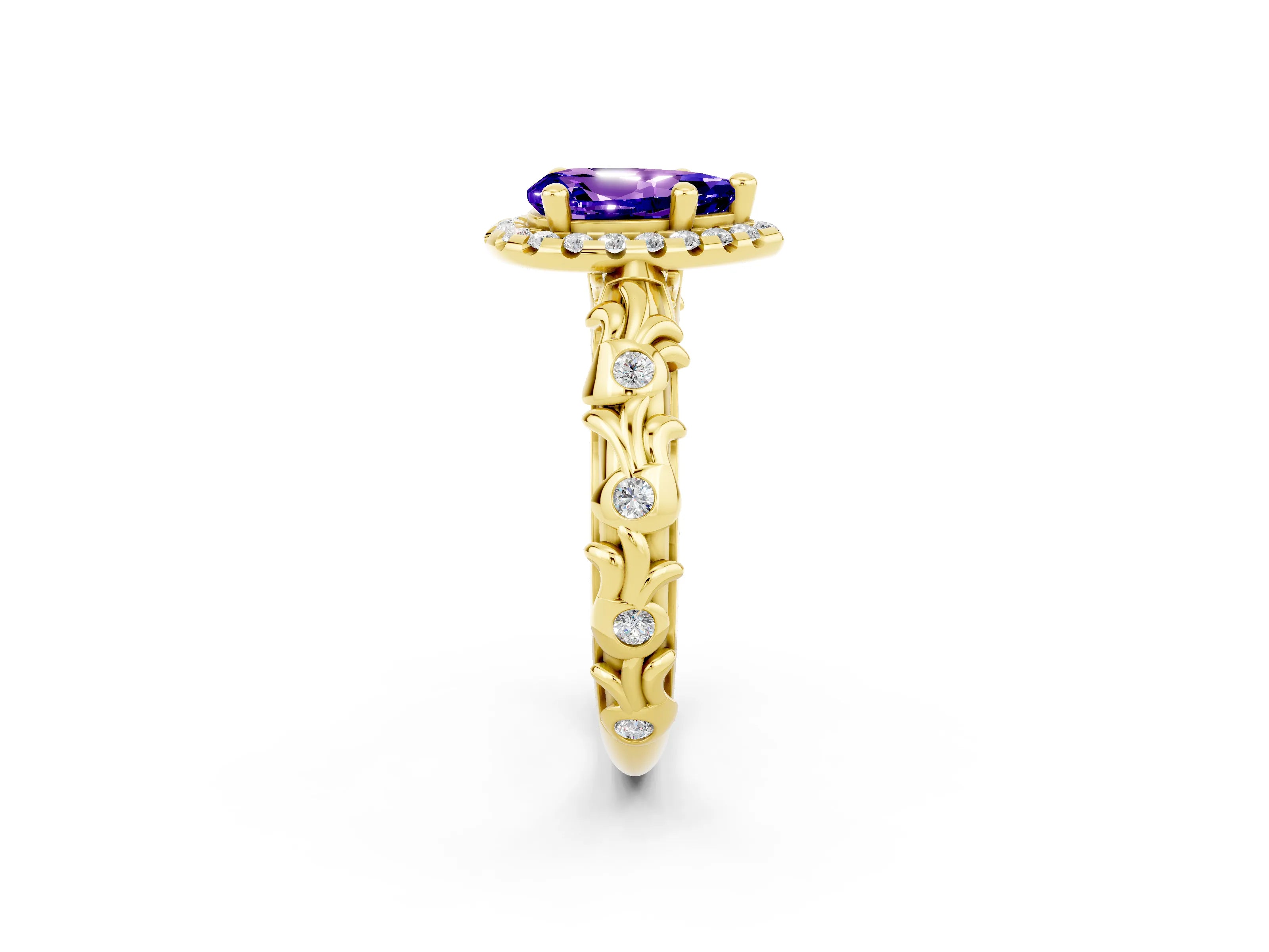 Yellow gold Pear Cut Halo Diamond Solitaire with Filigree Band and Four-Prong Setting_2