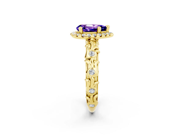 Yellow gold Pear Cut Tanzanite Halo Ring with Filigree Band and Prong Setting