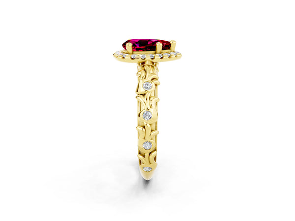 Yellow gold Pear Cut Garnet Halo Ring with Filigree Band and Prong Setting