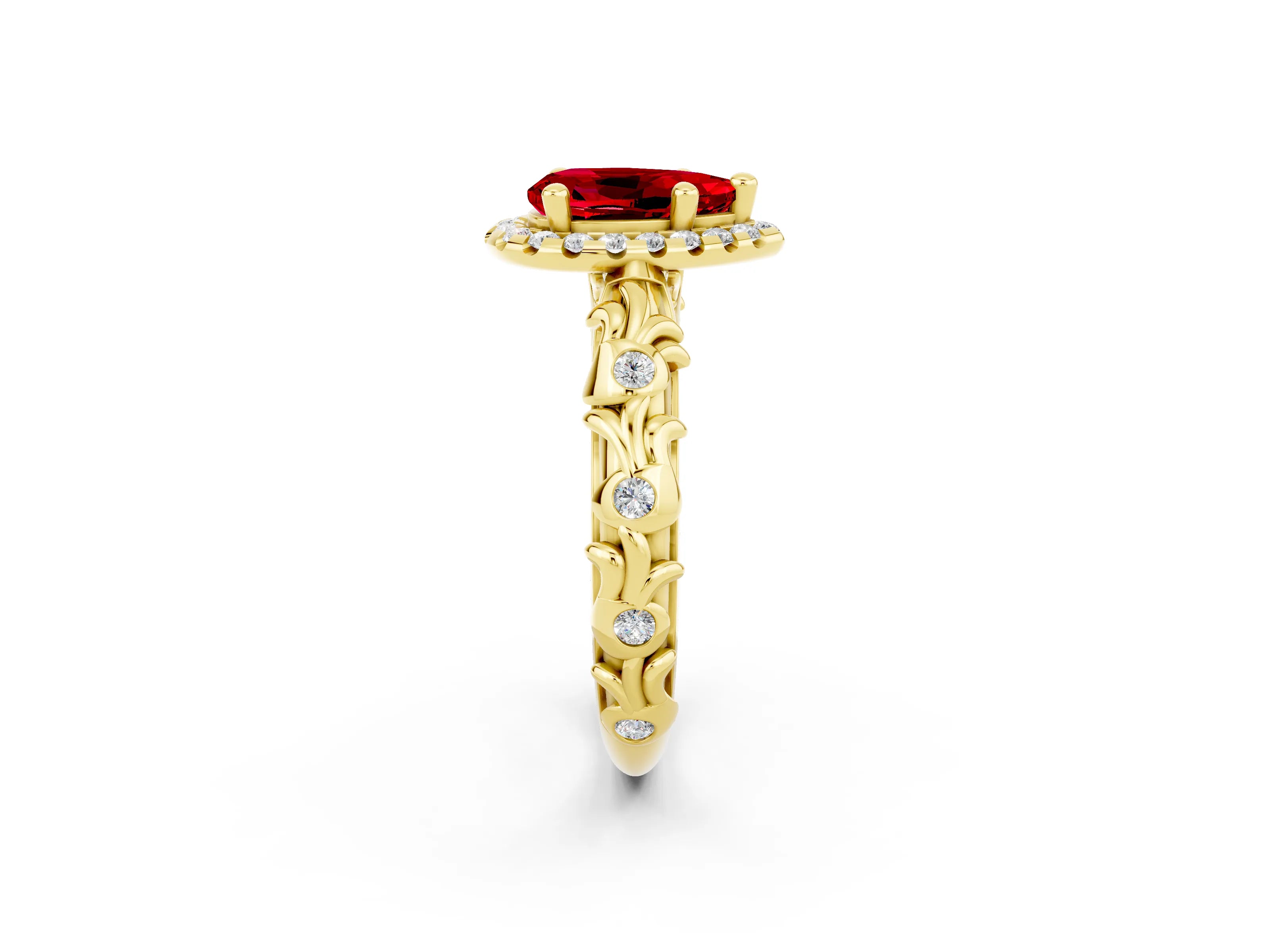 Yellow gold Pear Cut Halo Diamond Solitaire with Filigree Band and Four-Prong Setting_2