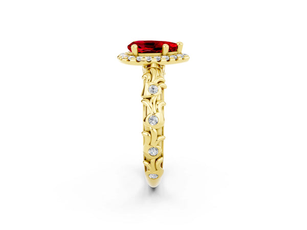 Yellow gold Pear Cut Ruby Halo Ring with Filigree Band and Prong Setting