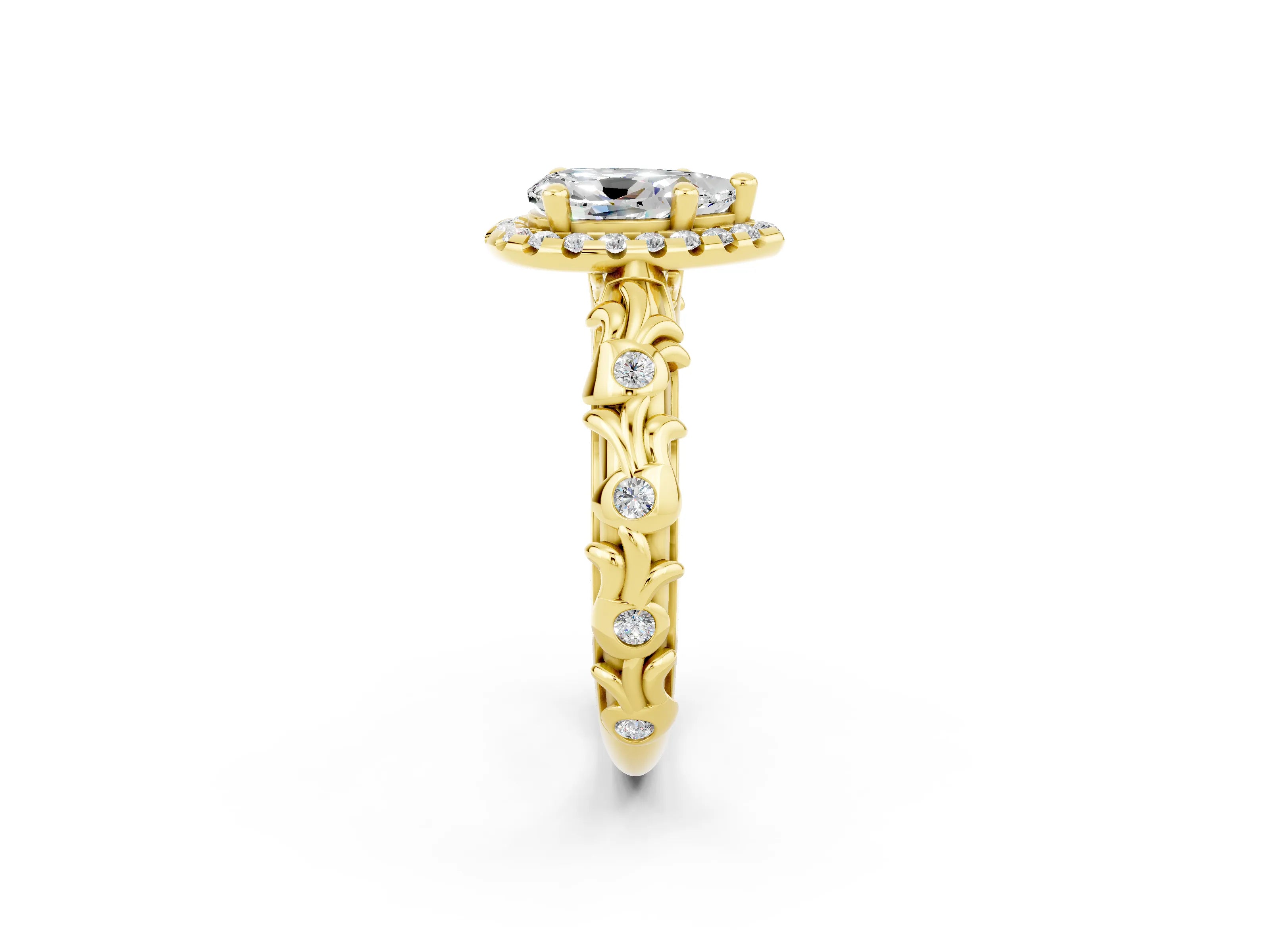 Yellow gold Pear Cut Halo Diamond Solitaire with Filigree Band and Four-Prong Setting_2