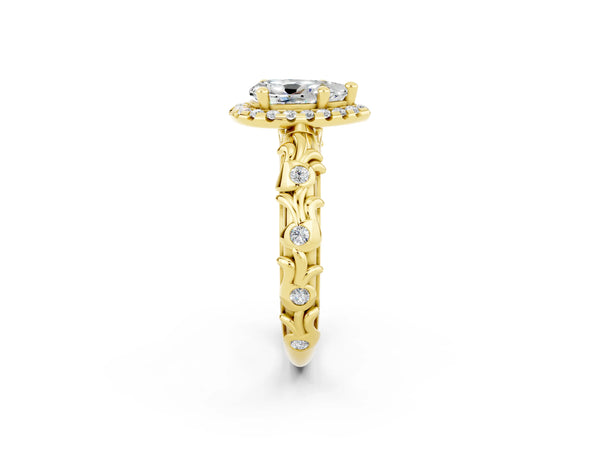 Yellow gold Pear Cut Moissanite Halo Ring with Filigree Band and Prong Setting