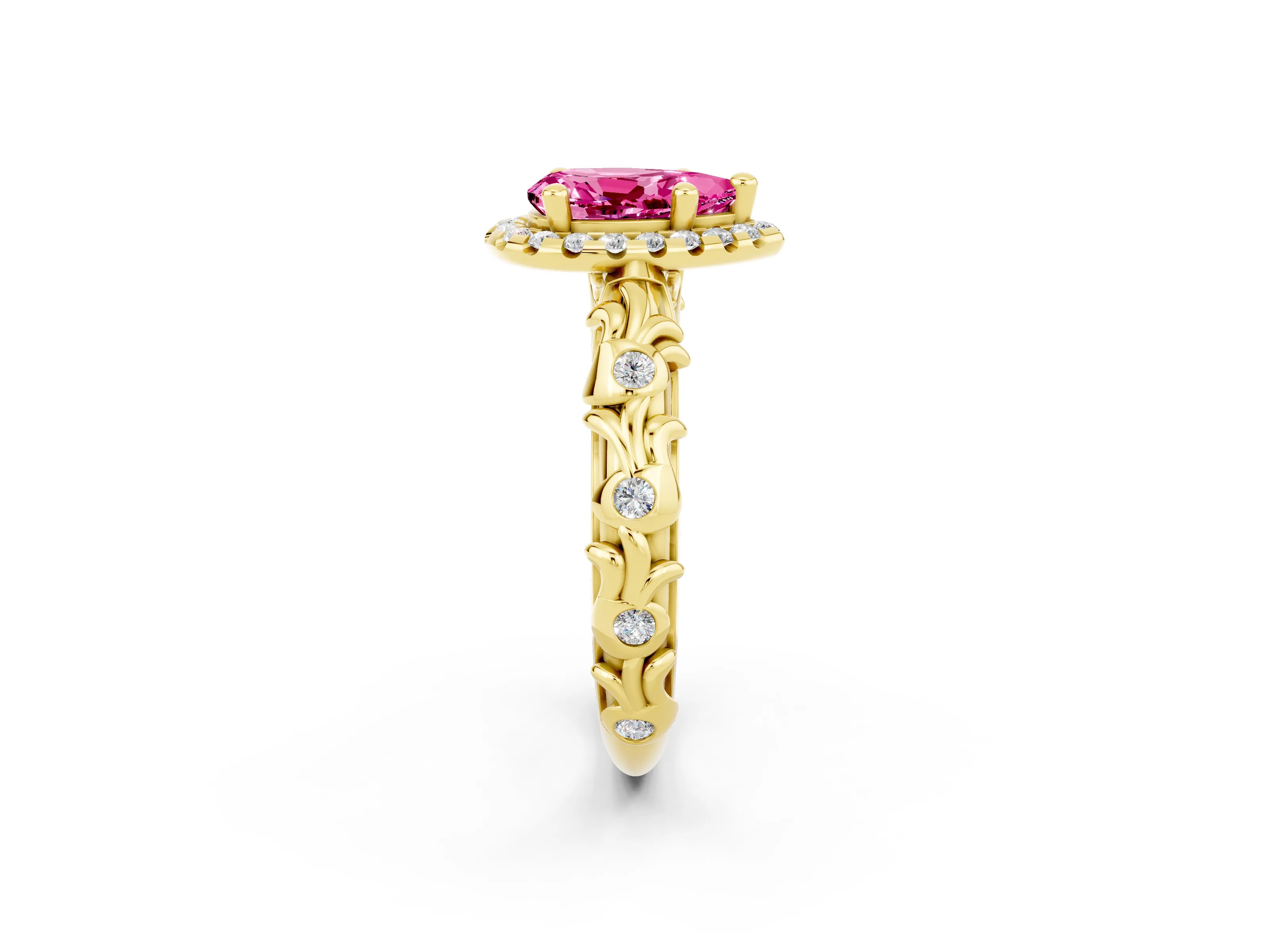 Yellow gold Pear Cut Halo Diamond Solitaire with Filigree Band and Four-Prong Setting_2