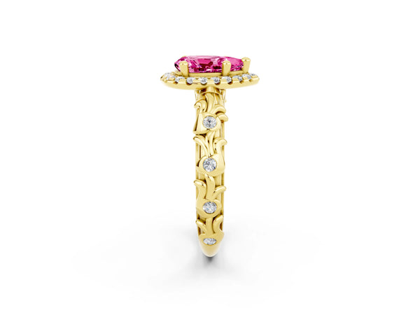Yellow gold Pear Cut Pink Sapphire Halo Ring with Filigree Band and Prong Setting