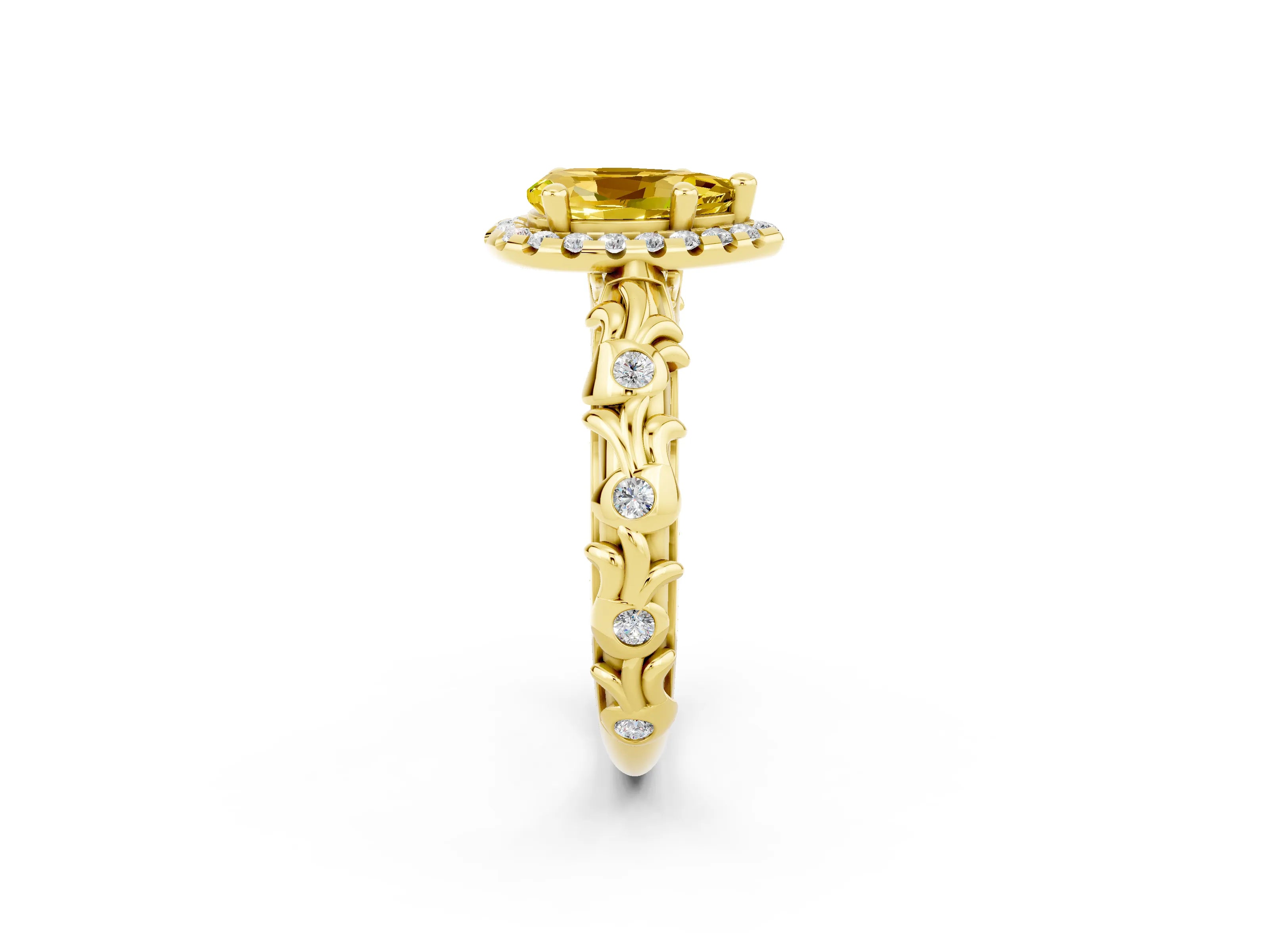 Yellow gold Pear Cut Halo Diamond Solitaire with Filigree Band and Four-Prong Setting_2
