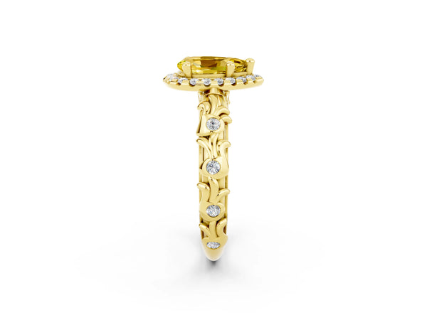 Yellow gold Pear Cut Yellow Sapphire Halo Ring with Filigree Band and Prong Setting