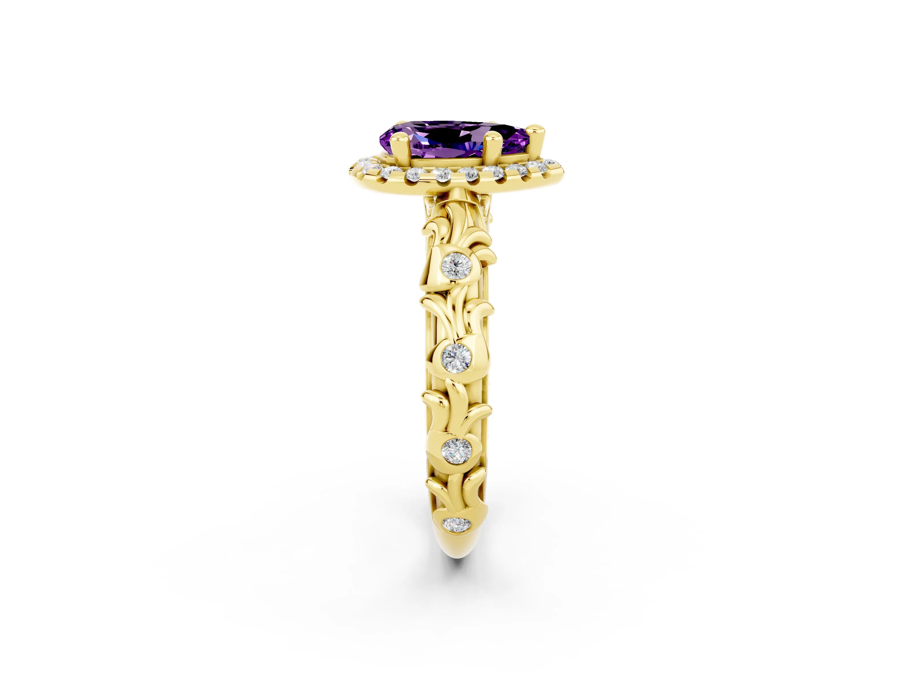 Yellow gold Pear Cut Halo Diamond Solitaire with Filigree Band and Four-Prong Setting_2