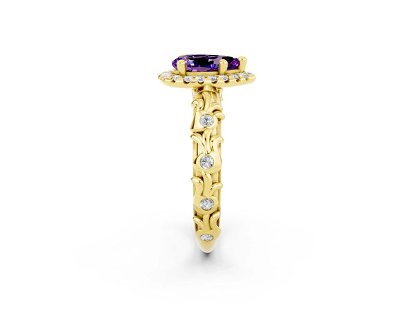 Yellow gold Pear Cut Amethyst Halo Ring with Filigree Band and Prong Setting