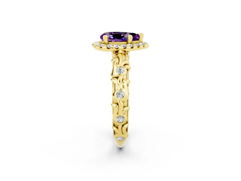 Yellow gold Pear Cut Halo Diamond Solitaire with Filigree Band and Four-Prong Setting_2