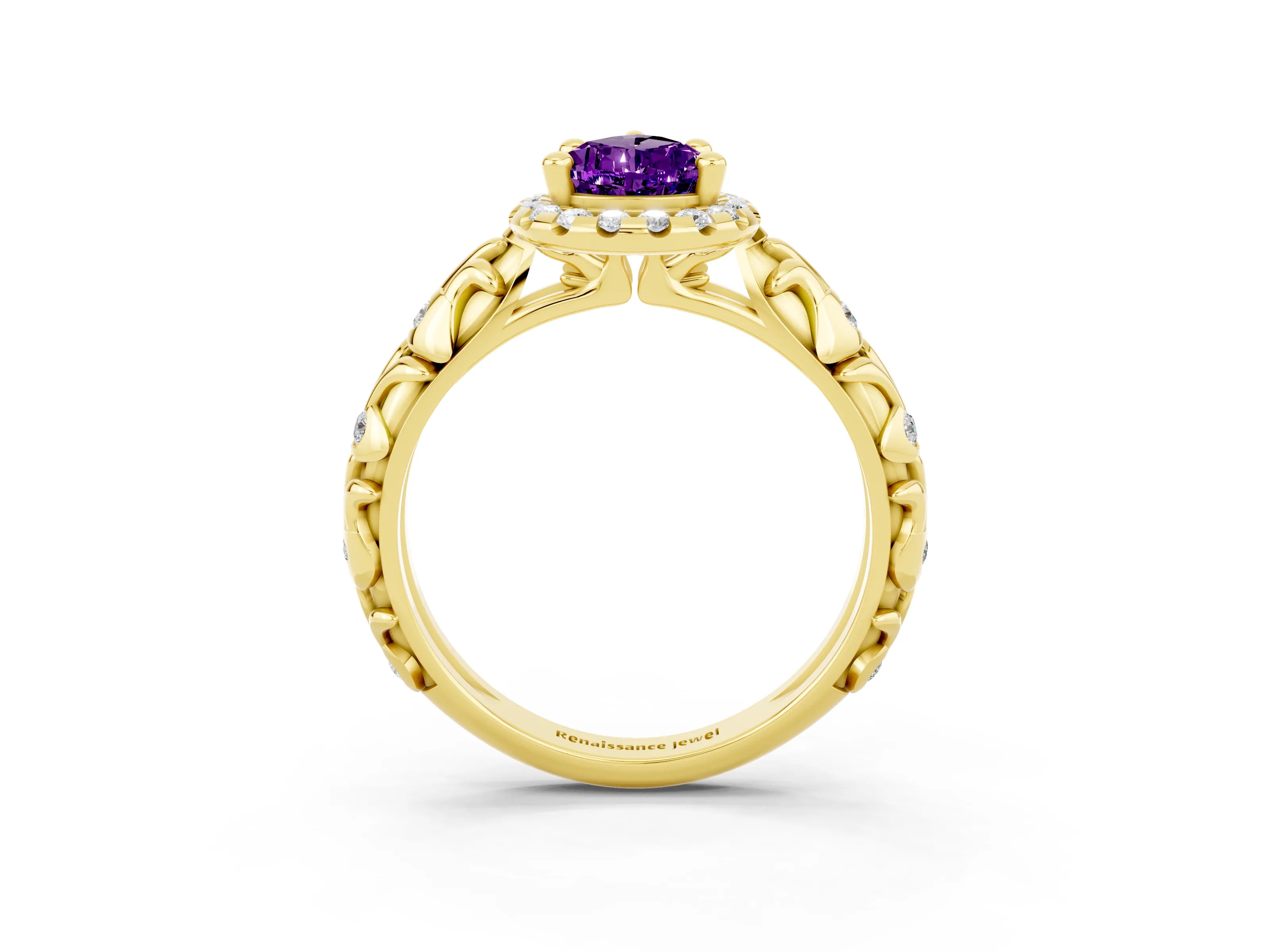 Yellow gold Pear Cut Halo Diamond Solitaire with Filigree Band and Four-Prong Setting_3