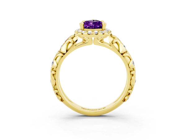 Yellow gold Pear Cut Amethyst Halo Ring with Filigree Band and Prong Setting
