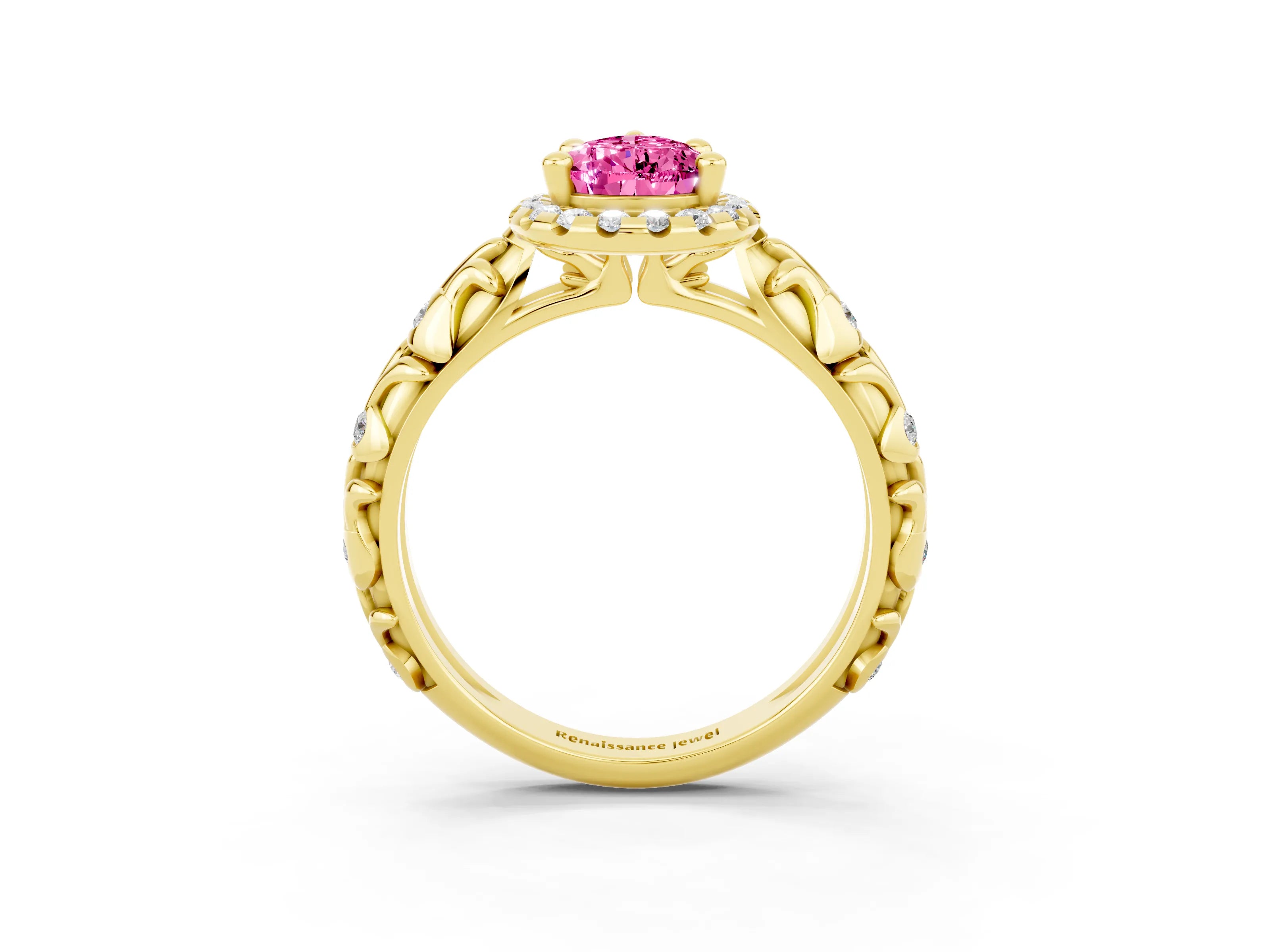 Yellow gold Pear Cut Halo Diamond Solitaire with Filigree Band and Four-Prong Setting_3