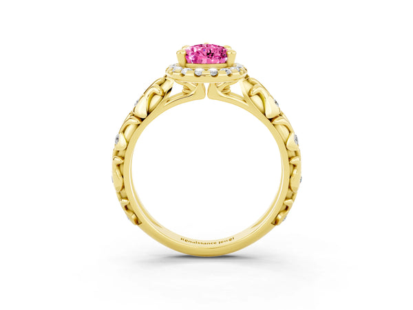 Yellow gold Pear Cut Pink Sapphire Halo Ring with Filigree Band and Prong Setting