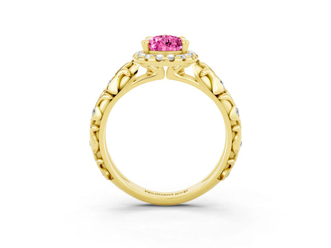 Yellow gold Pear Cut Halo Diamond Solitaire with Filigree Band and Four-Prong Setting_3
