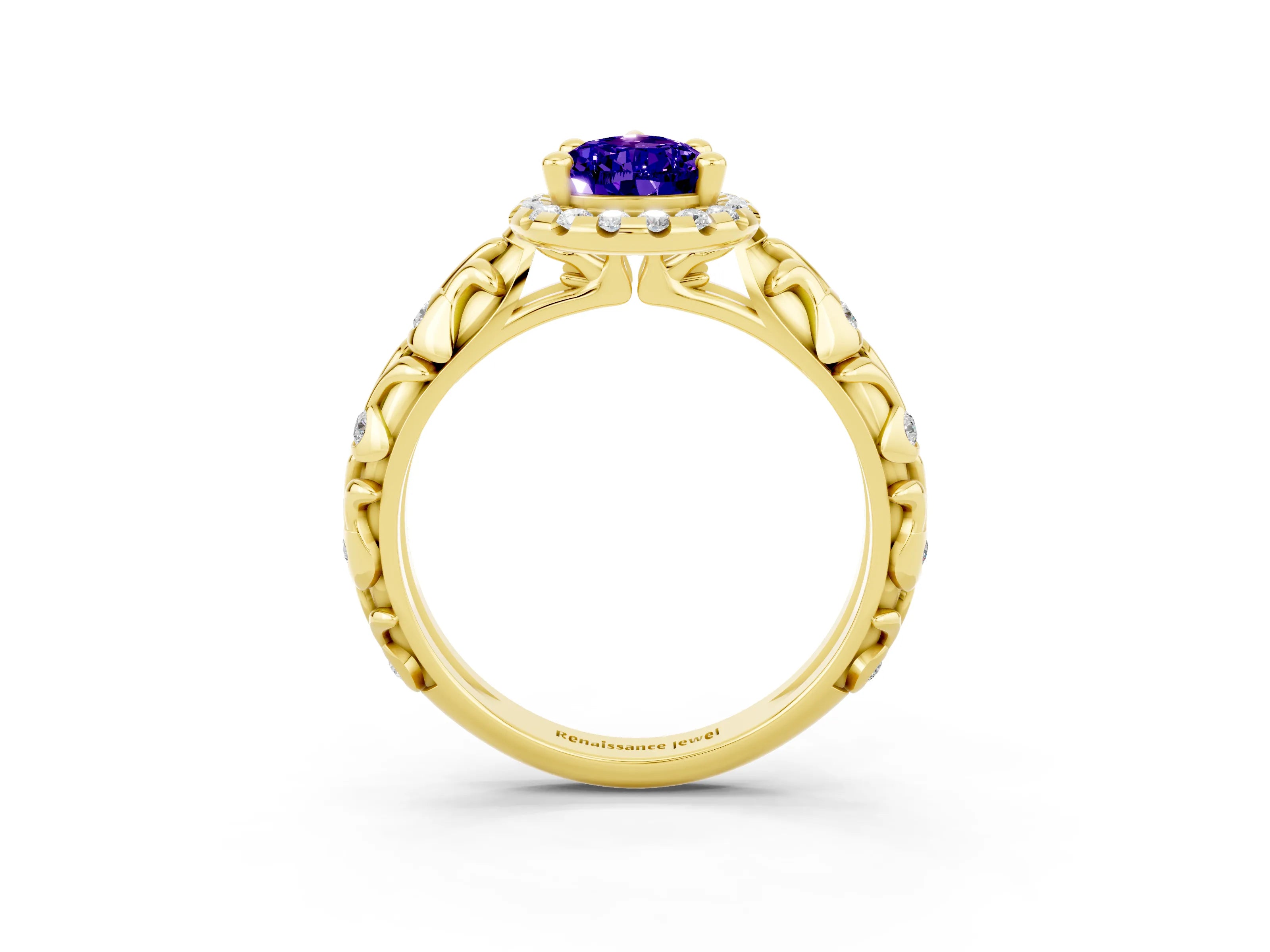 Yellow gold Pear Cut Halo Diamond Solitaire with Filigree Band and Four-Prong Setting_3