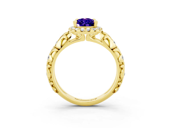 Yellow gold Pear Cut Tanzanite Halo Ring with Filigree Band and Prong Setting
