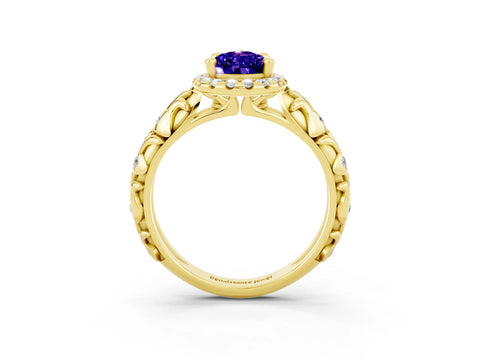 Yellow gold Pear Cut Halo Diamond Solitaire with Filigree Band and Four-Prong Setting_3