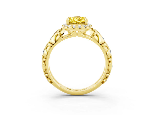 Yellow gold Pear Cut Yellow Sapphire Halo Ring with Filigree Band and Prong Setting