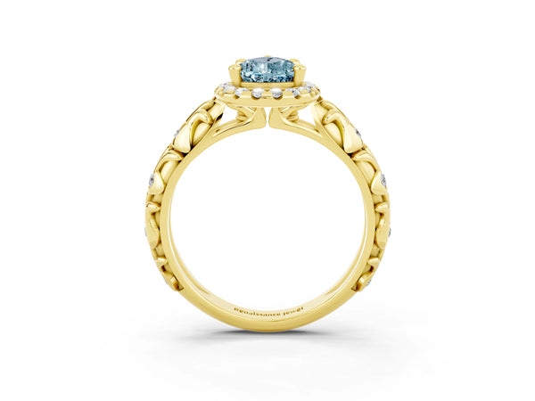 Yellow gold Pear Cut Aquamarine Halo Ring with Filigree Band and Prong Setting