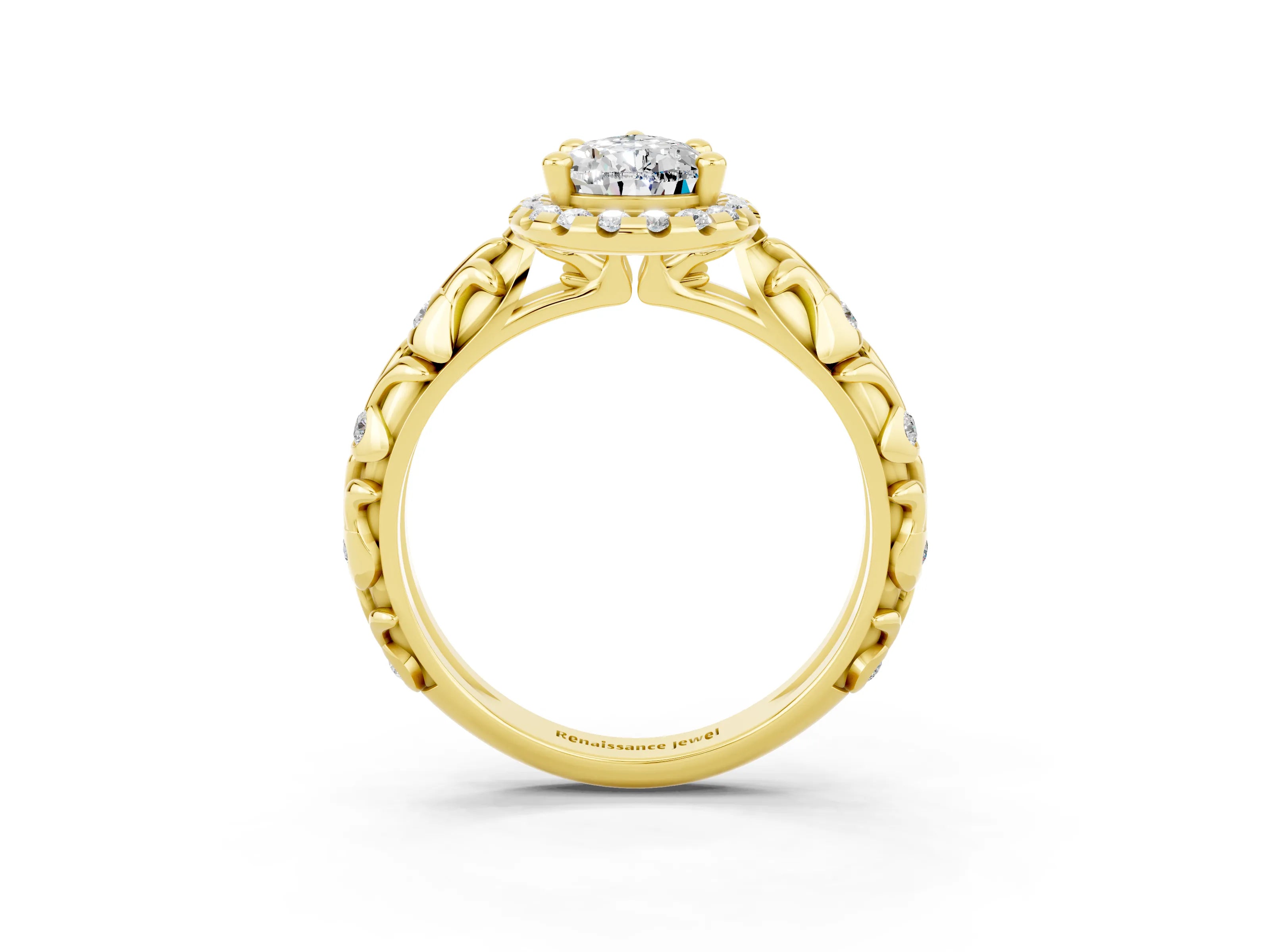 Yellow gold Pear Cut Halo Diamond Solitaire with Filigree Band and Four-Prong Setting_3