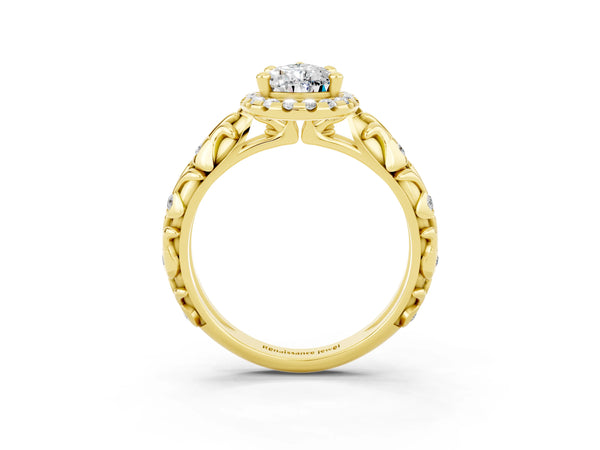 Yellow gold Pear Cut Moissanite Halo Ring with Filigree Band and Prong Setting
