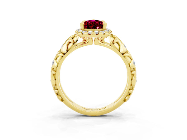 Yellow gold Pear Cut Garnet Halo Ring with Filigree Band and Prong Setting