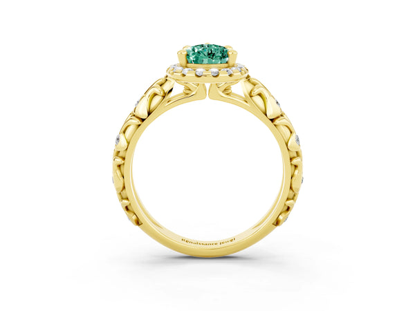 Yellow gold Pear Cut Green Sapphire Halo Ring with Filigree Band and Prong Setting