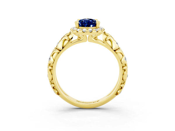 Yellow gold Pear Cut Blue Sapphire Halo Ring with Filigree Band and Prong Setting