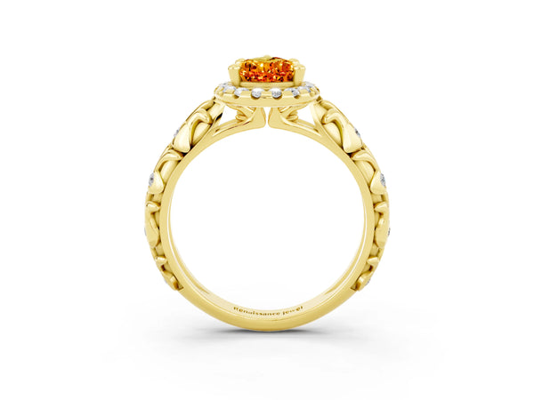 Yellow gold Pear Cut Citrine Halo Ring with Filigree Band and Prong Setting