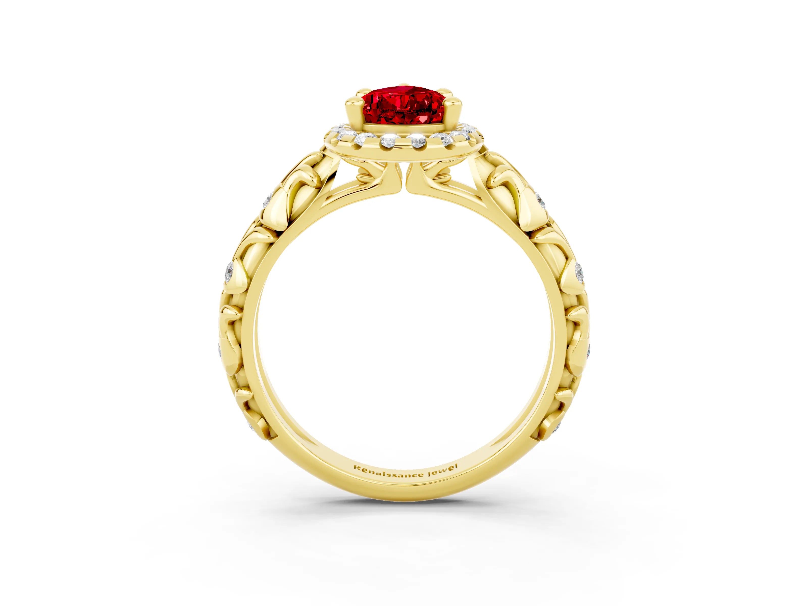 Yellow gold Pear Cut Halo Diamond Solitaire with Filigree Band and Four-Prong Setting_3