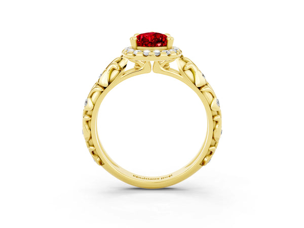 Yellow gold Pear Cut Ruby Halo Ring with Filigree Band and Prong Setting