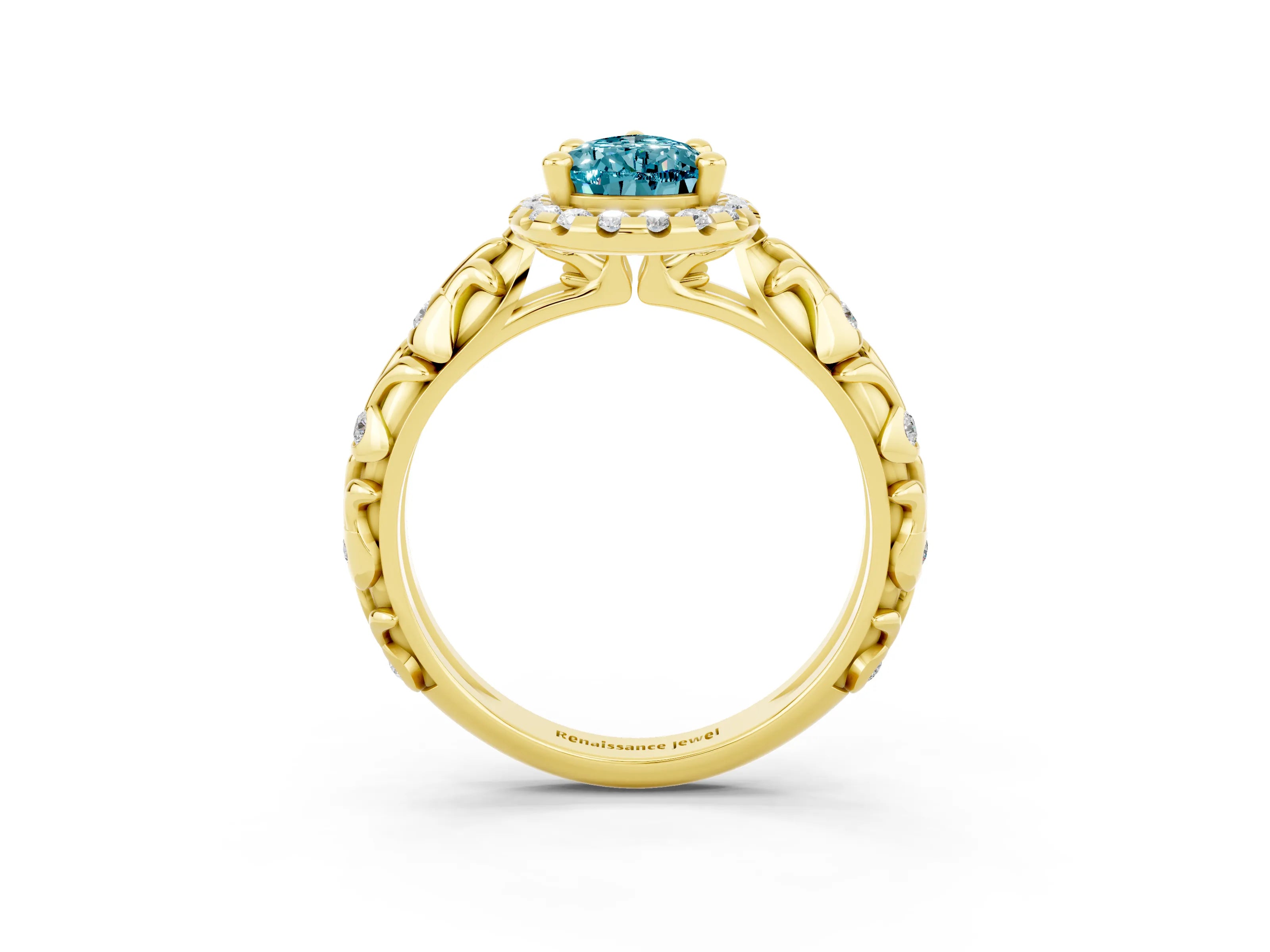 Yellow gold Pear Cut Halo Diamond Solitaire with Filigree Band and Four-Prong Setting_3