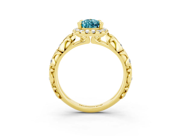 Yellow gold Pear Cut Halo Diamond Solitaire with Filigree Band and Four-Prong Setting