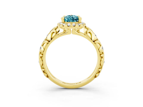 Yellow gold Pear Cut Halo Diamond Solitaire with Filigree Band and Four-Prong Setting_3