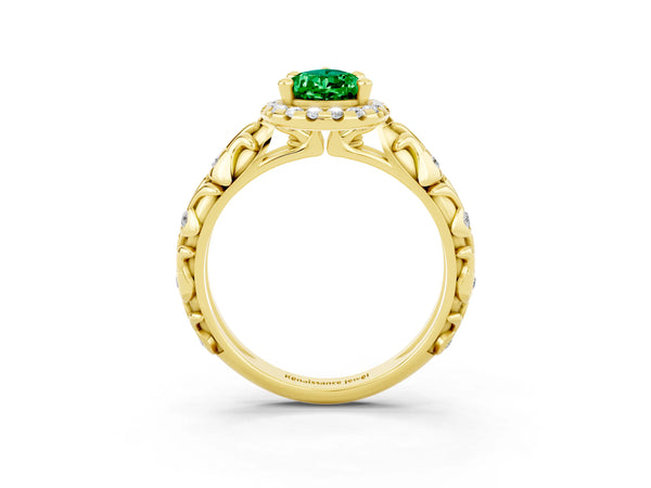 Yellow gold Pear Cut Emerald Halo Ring with Filigree Band and Prong Setting