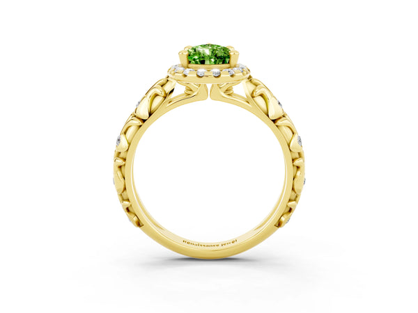 Yellow gold Pear Cut Peridot Halo Ring with Filigree Band and Prong Setting