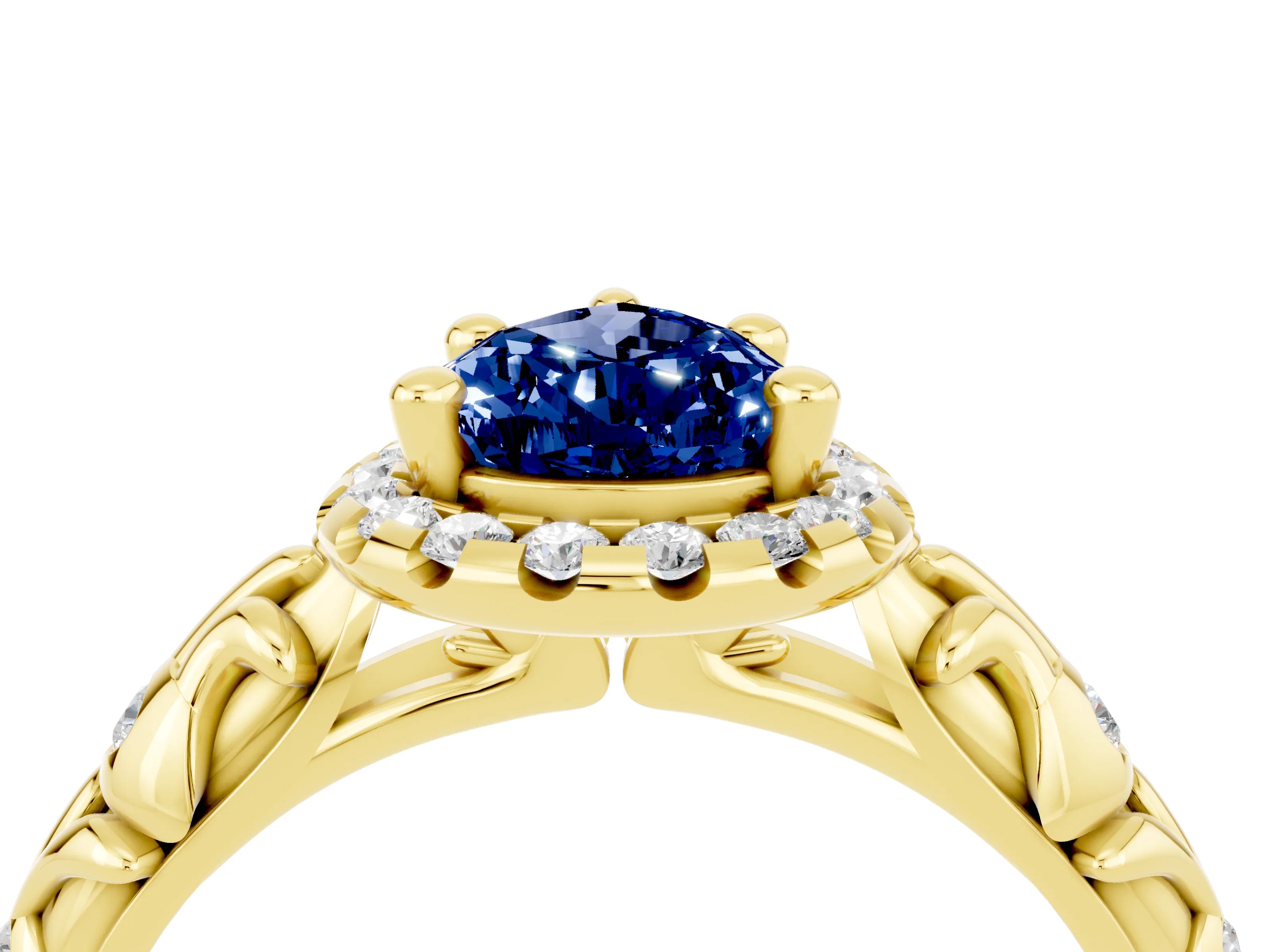 Yellow gold Pear Cut Halo Diamond Solitaire with Filigree Band and Four-Prong Setting_4
