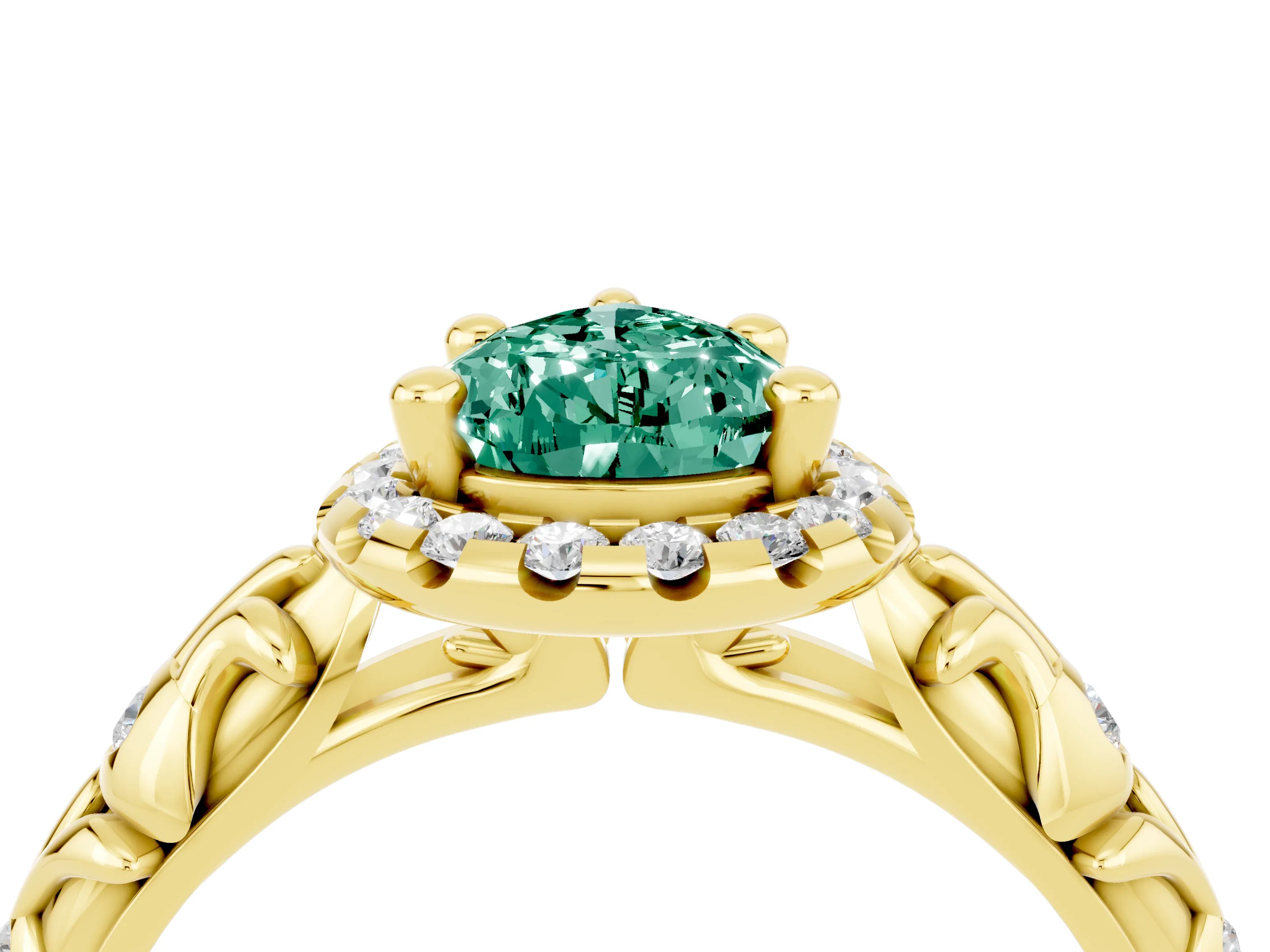 Yellow gold Pear Cut Halo Diamond Solitaire with Filigree Band and Four-Prong Setting_4