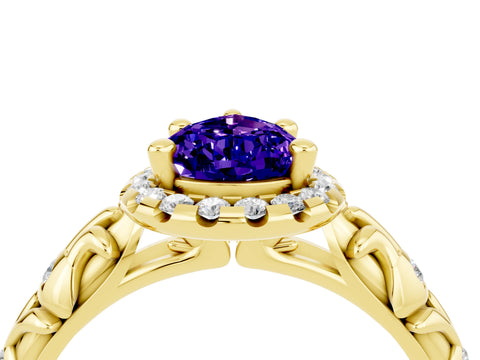 Yellow gold Pear Cut Halo Diamond Solitaire with Filigree Band and Four-Prong Setting_4