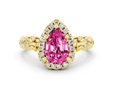 Yellow gold Pear Cut Halo Diamond Solitaire with Filigree Band and Four-Prong Setting