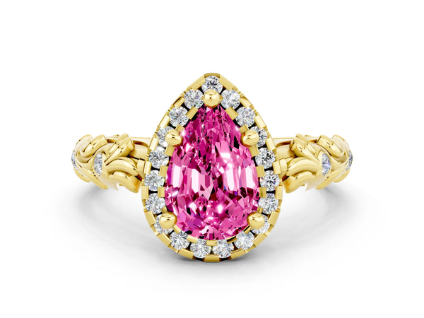 Yellow gold Pear Cut Pink Sapphire Halo Ring with Filigree Band and Prong Setting