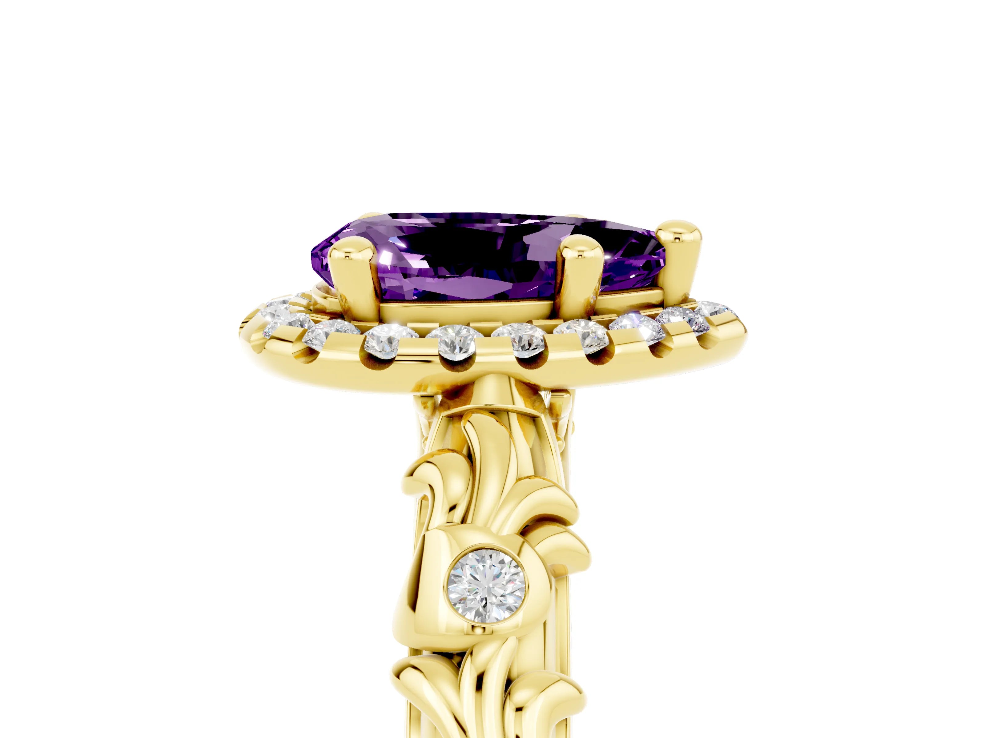 Yellow gold Pear Cut Halo Diamond Solitaire with Filigree Band and Four-Prong Setting_5