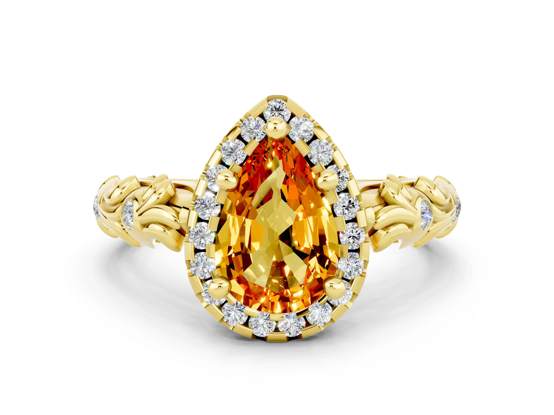 Yellow gold Pear Cut Halo Diamond Solitaire with Filigree Band and Four-Prong Setting
