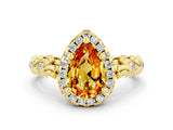 Yellow gold Pear Cut Halo Diamond Solitaire with Filigree Band and Four-Prong Setting