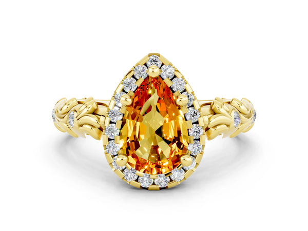 Yellow gold Pear Cut Citrine Halo Ring with Filigree Band and Prong Setting