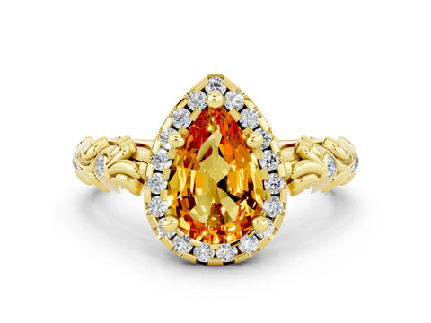 Yellow gold Pear Cut Halo Diamond Solitaire with Filigree Band and Four-Prong Setting